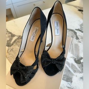 Jimmy Choo Talya Peep Toe (black shimmer suede). Size 39.5. Retail $895.00